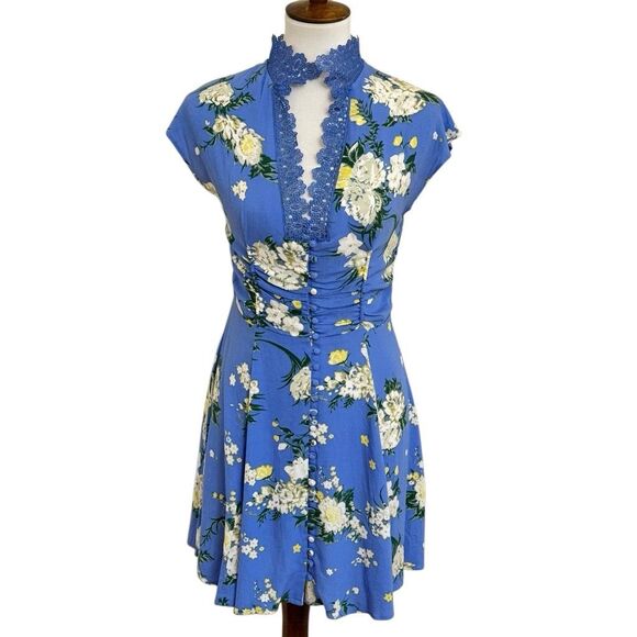 Free People Alora Periwinkle Blue Floral Print Mini Dress Size 2 - Picture 1 of 6